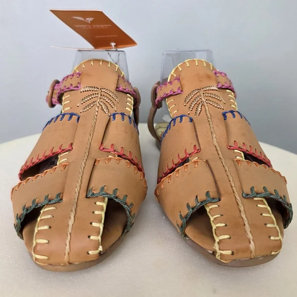 NWT Farm Rio Caramel Tan Whipstitch Fisherman Sandals Palm Tree Adjustable Strap - Picture 8 of 17